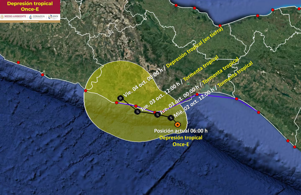 tormenta tropical Esta es la trayectoria prevista para la depresión tropical Once-E. (Conagua) 