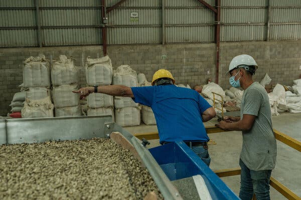 Dos trabajadores en las instalaciones de Cafico en Corquín, Honduras.