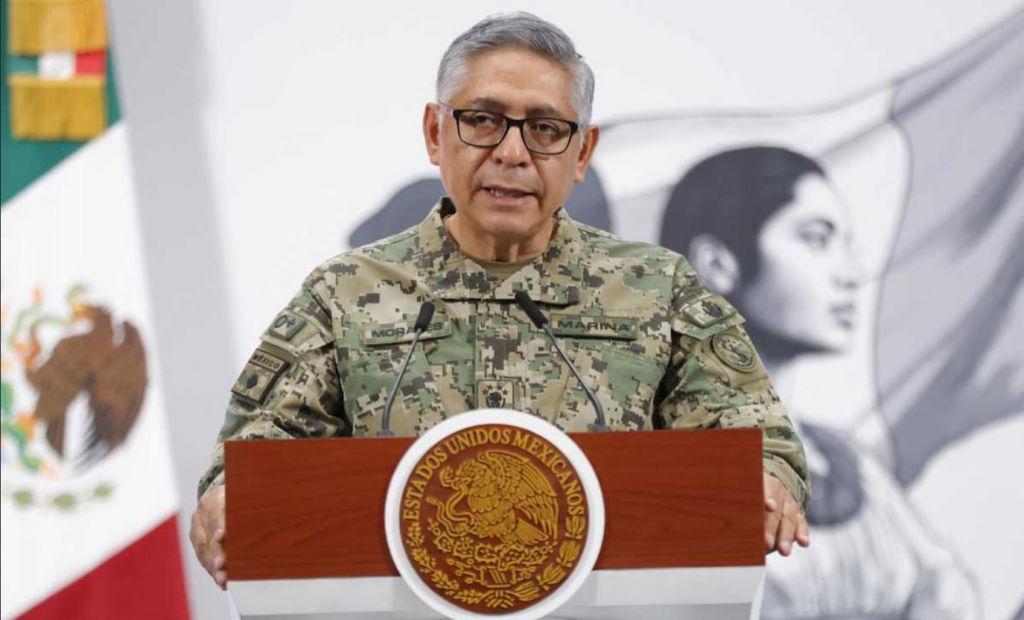 El Secretario de Marina, Almirante Raymundo Pedro Morales Ángeles, durante la mañanera del 10 de junio del 2025. Foto: Diego Simón / EL UNIVERSAL