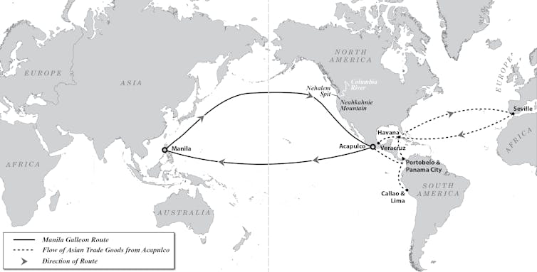 Mapa del mundo con líneas de un continente al siguiente que indican rutas comerciales.