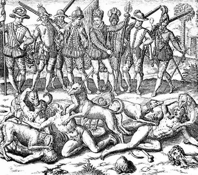 Un grabado que muestra a Vasco Núñez de Balboa y otros de su grupo militar en un ataque de perros a varias personas.