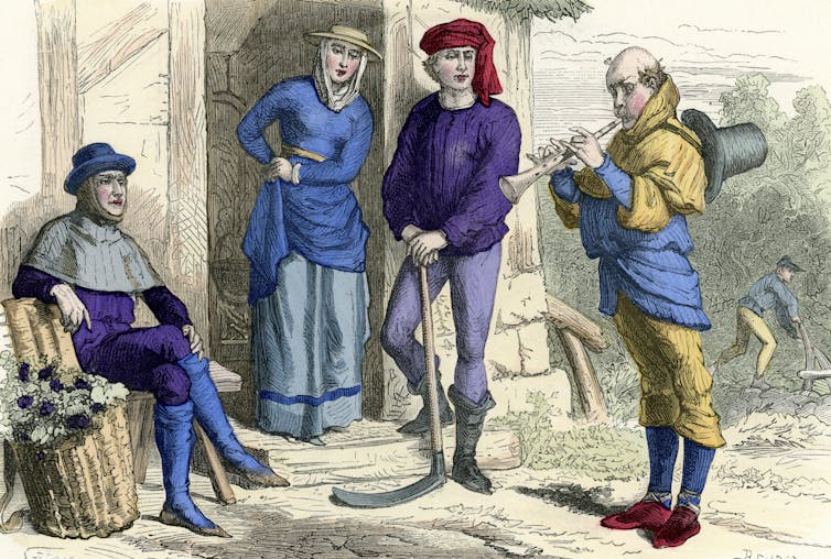 Una colorida ilustración de un músico tocando un instrumento ante una pequeña audiencia.