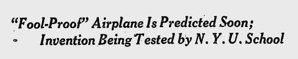 Un titular de The New York Times sobre aviones “infalibles”, en 1926.
