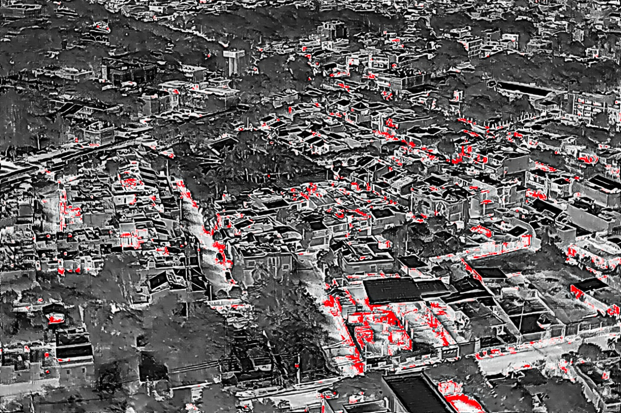 Vista aérea con cámara térmica de Culiacán, Sinaloa, que muestra zonas de calor en rojo.